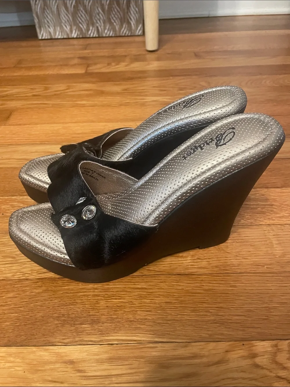 Real Pony Hair!! Black Wedge Slide Sandals with Fur Strap and Crystal Accent